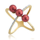 Anillo de Plata Bañada en Oro con Perla roja de río y Topacio Blanco