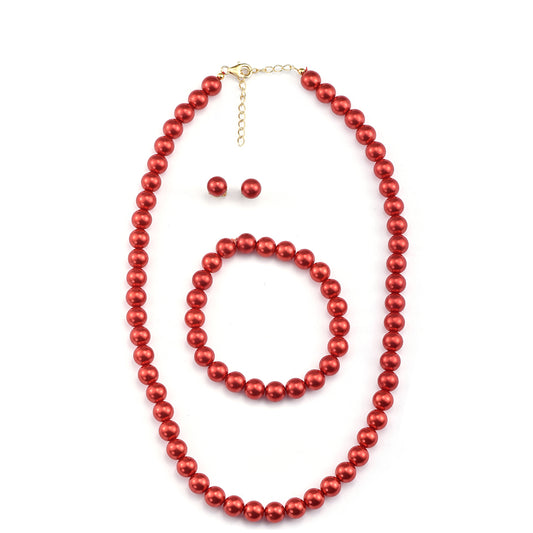 Conjunto de Plata Bañada en Oro con Perla roja de río ( Collar +Pendientes +Pulsera )