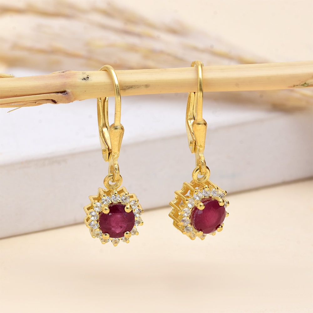 Pendientes de Plata Bañada en Oro con Rubí de Madagascar y Topacio Blanco 2 