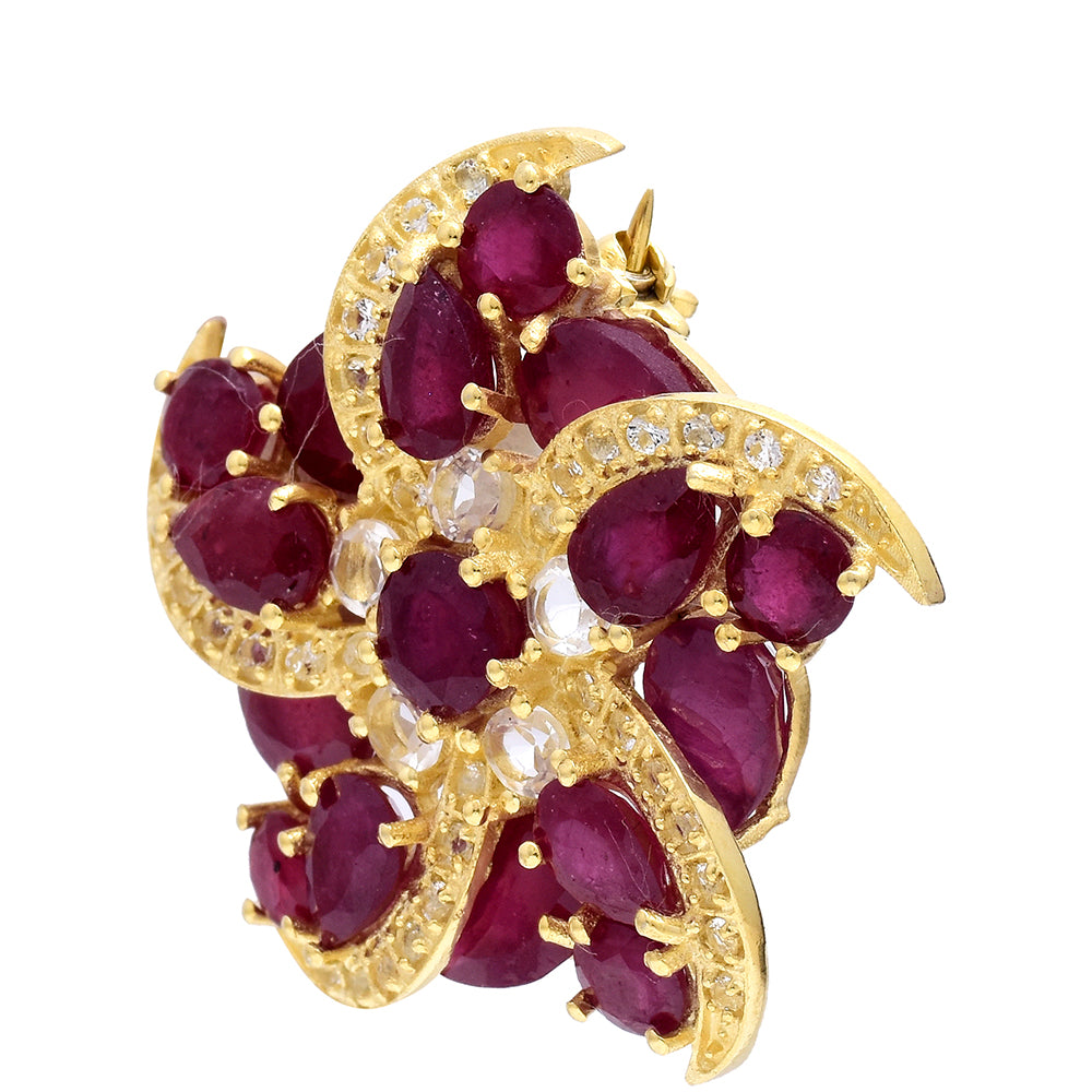 Broche de Plata Bañada en Oro con Rubí de Madagascar y Topacio Blanco 2 