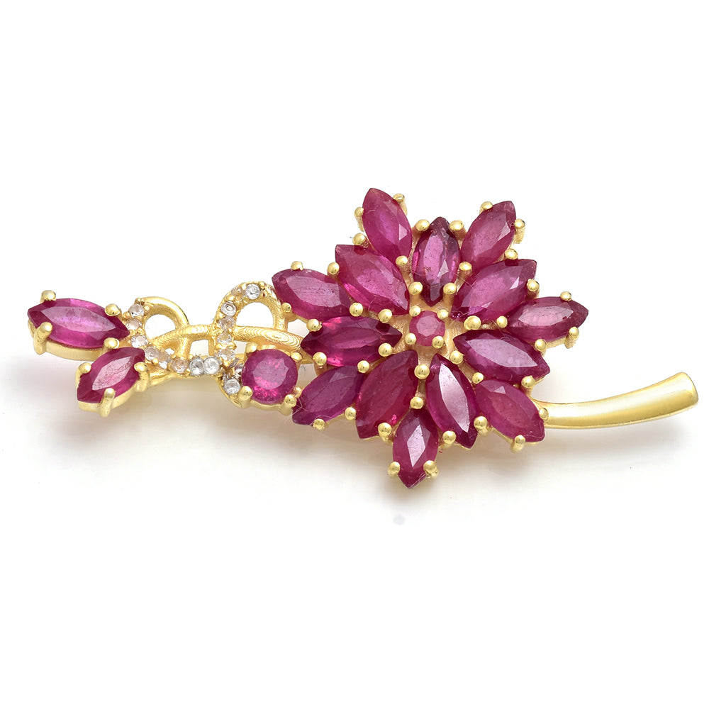 Broche de Plata Bañada en Oro con Rubí de Madagascar y Topacio Blanco 1 