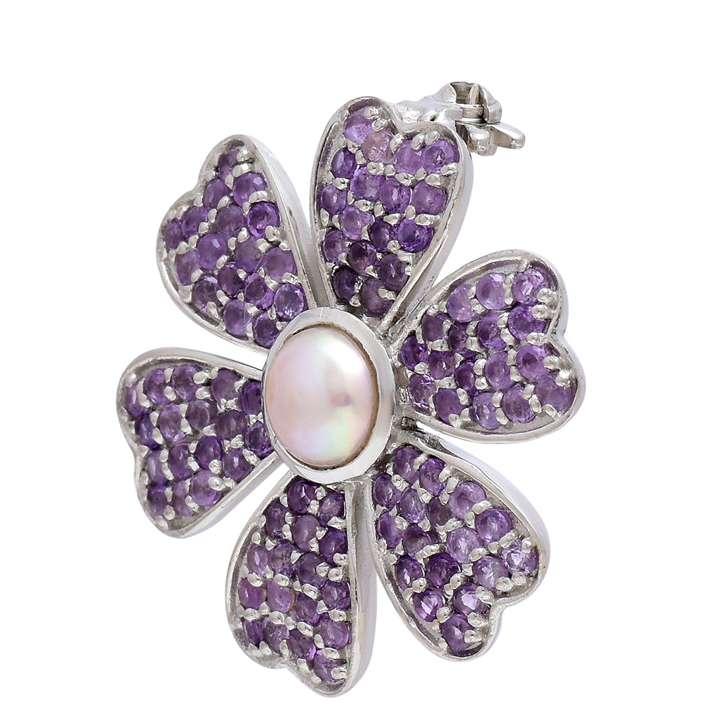 Broche de Plata con Amatista de Marruecos y Perla blanca de agua dulce