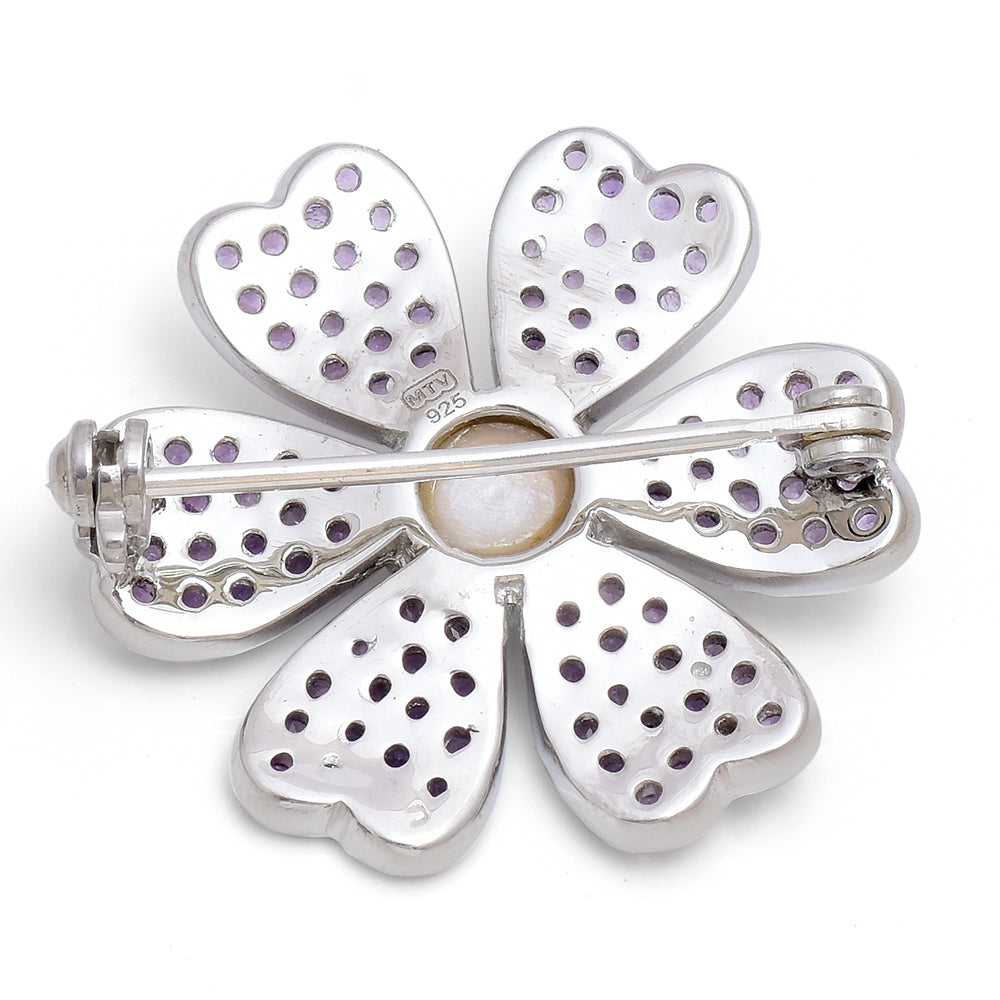 Broche de Plata con Amatista de Marruecos y Perla blanca de agua dulce