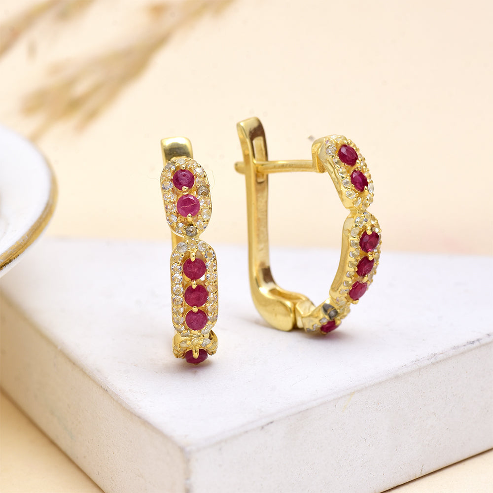 Pendientes de Plata Bañada en Oro con Rubí de Madagascar y Topacio Blanco 2 