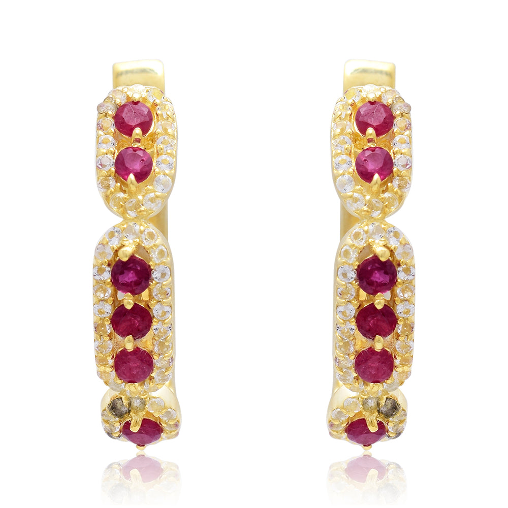 Pendientes de Plata Bañada en Oro con Rubí de Madagascar y Topacio Blanco 1 