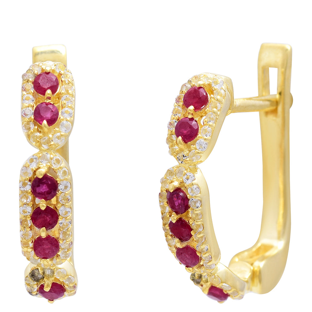 Pendientes de Plata Bañada en Oro con Rubí de Madagascar y Topacio Blanco 9 