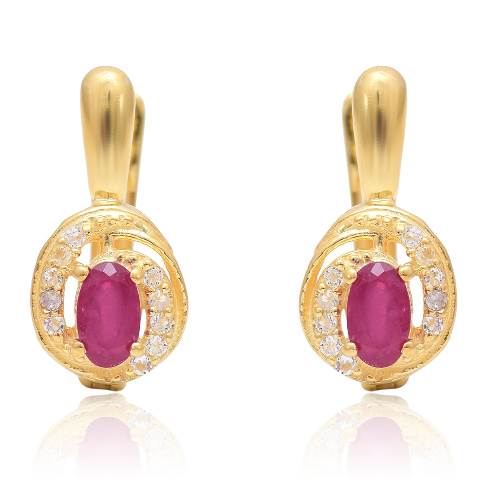 Pendientes de Plata Bañada en Oro con Rubí de Madagascar y Topacio Blanco 4 