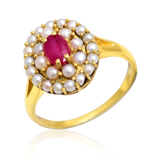 Anillo de Plata Bañada en Oro con Rubí de Madagascar y Perla blanca de agua dulce
