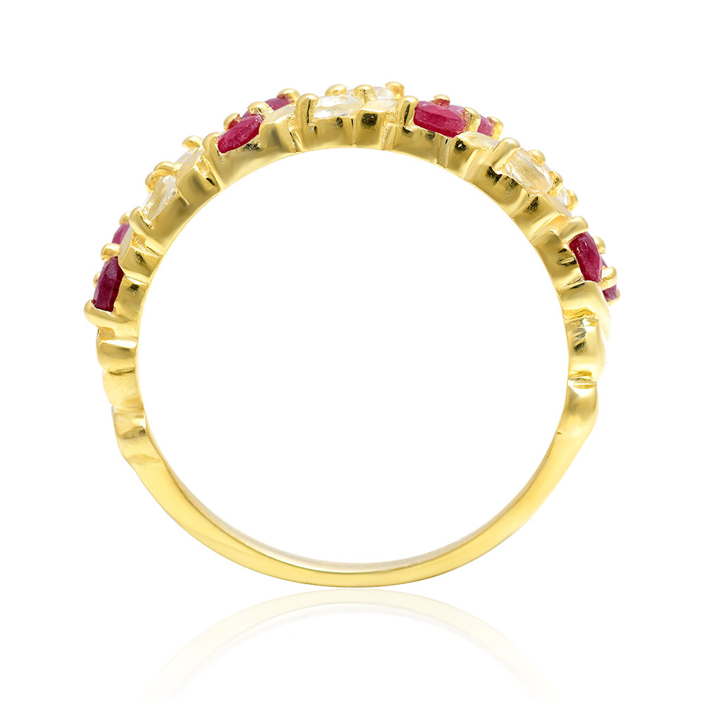 Anillo de Plata Bañada en Oro con Rubí de Madagascar y Topacio Blanco