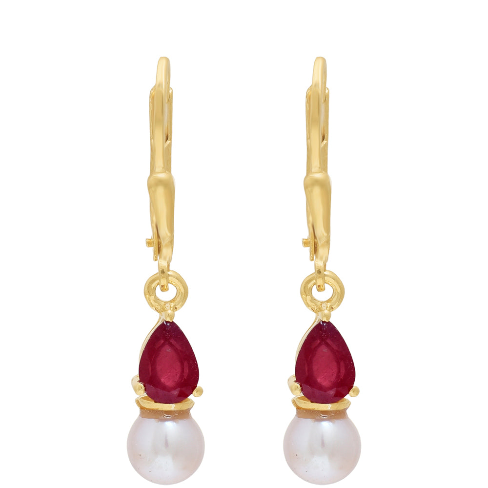 Pendientes de Plata Bañada en Oro con Rubí de Madagascar y Perla blanca de agua dulce 2 