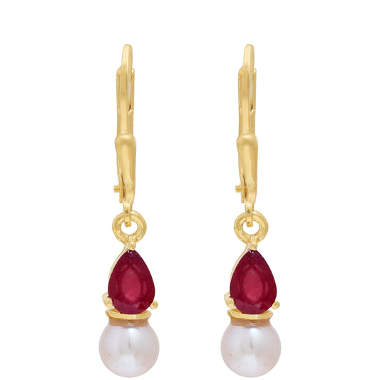 Pendientes de Plata Bañada en Oro con Rubí de Madagascar y Perla blanca de agua dulce