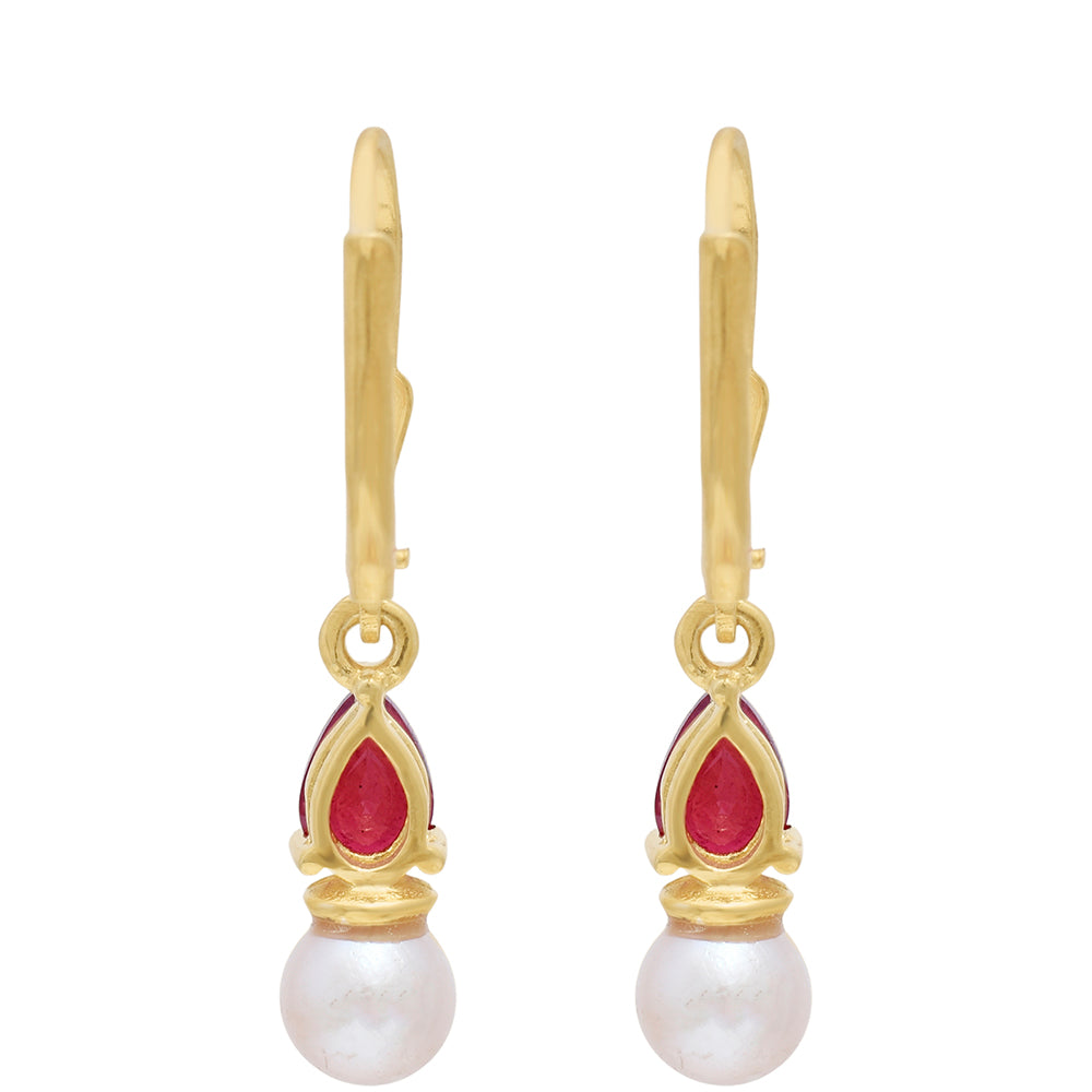 Pendientes de Plata Bañada en Oro con Rubí de Madagascar y Perla blanca de agua dulce