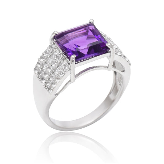 Anillo de Plata con Amatista de Marruecos y Topacio Blanco