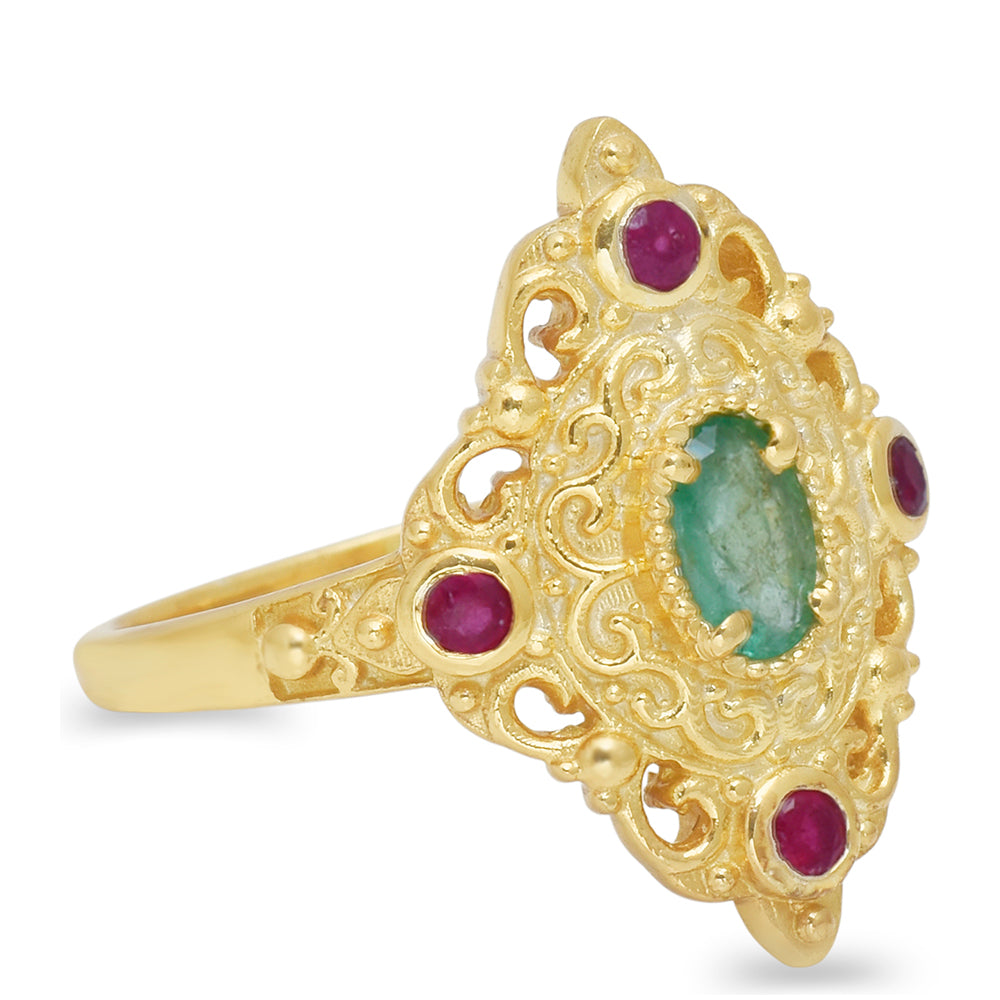 Anillo de Plata Bañada en Oro con Rubí de Madagascar y Esmeralda de Brasil 3 