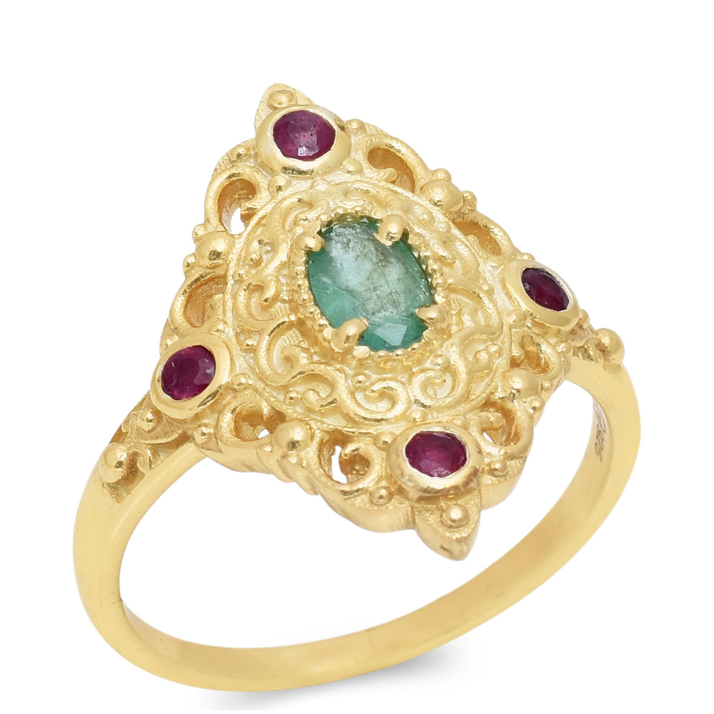 Anillo de Plata Bañada en Oro con Rubí de Madagascar y Esmeralda de Brasil 1 