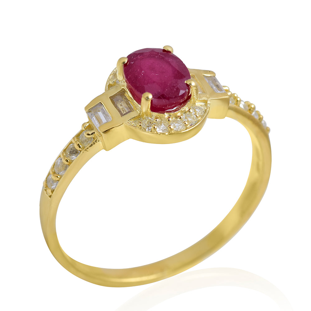 Anillo de Plata Bañada en Oro con Rubí de Madagascar y Topacio Blanco 3 