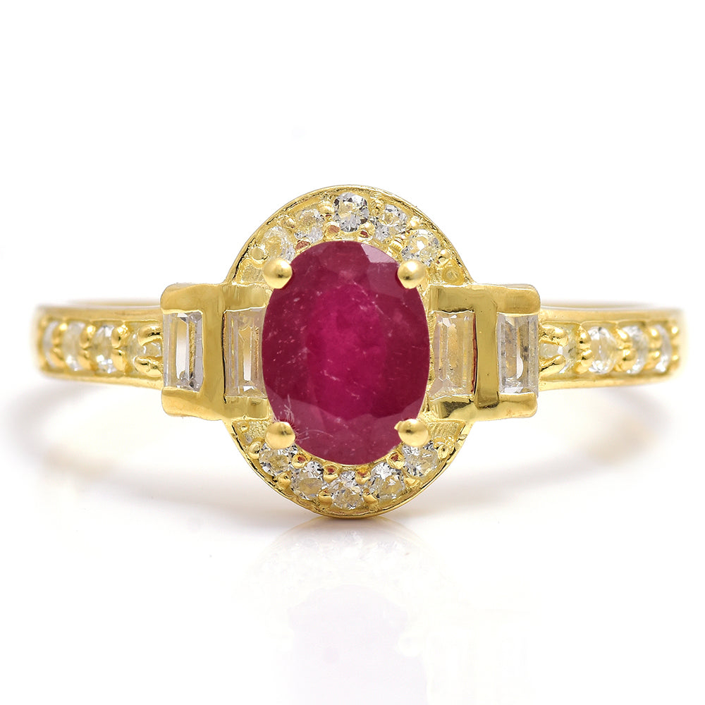 Anillo de Plata Bañada en Oro con Rubí de Madagascar y Topacio Blanco 1 