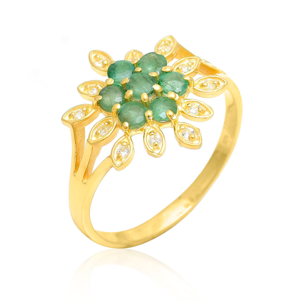 Anillo de Plata Bañada en Oro con Esmeralda de Brasil y Topacio Blanco 7 