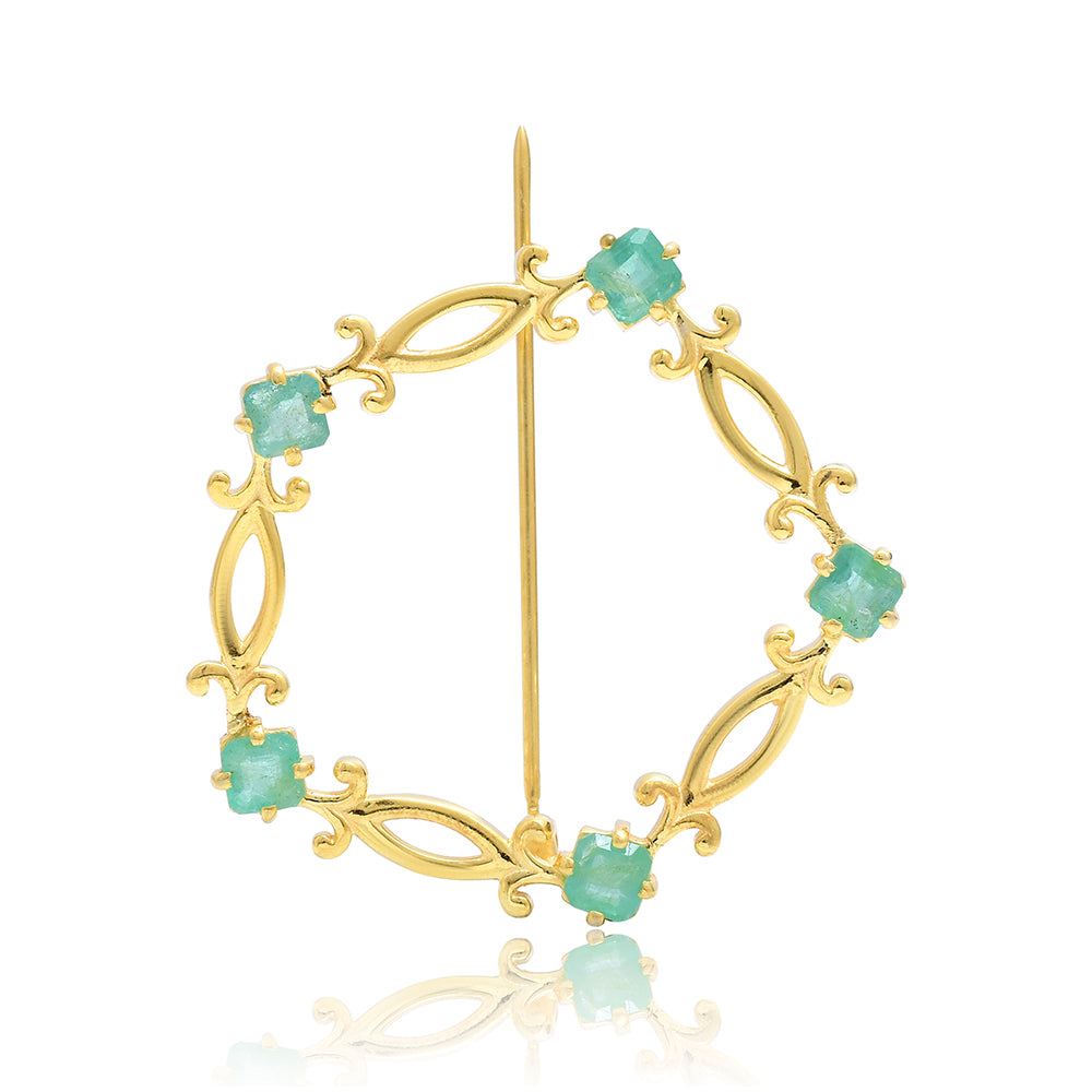 Broche de Plata Bañada en Oro con Esmeralda de Brasil