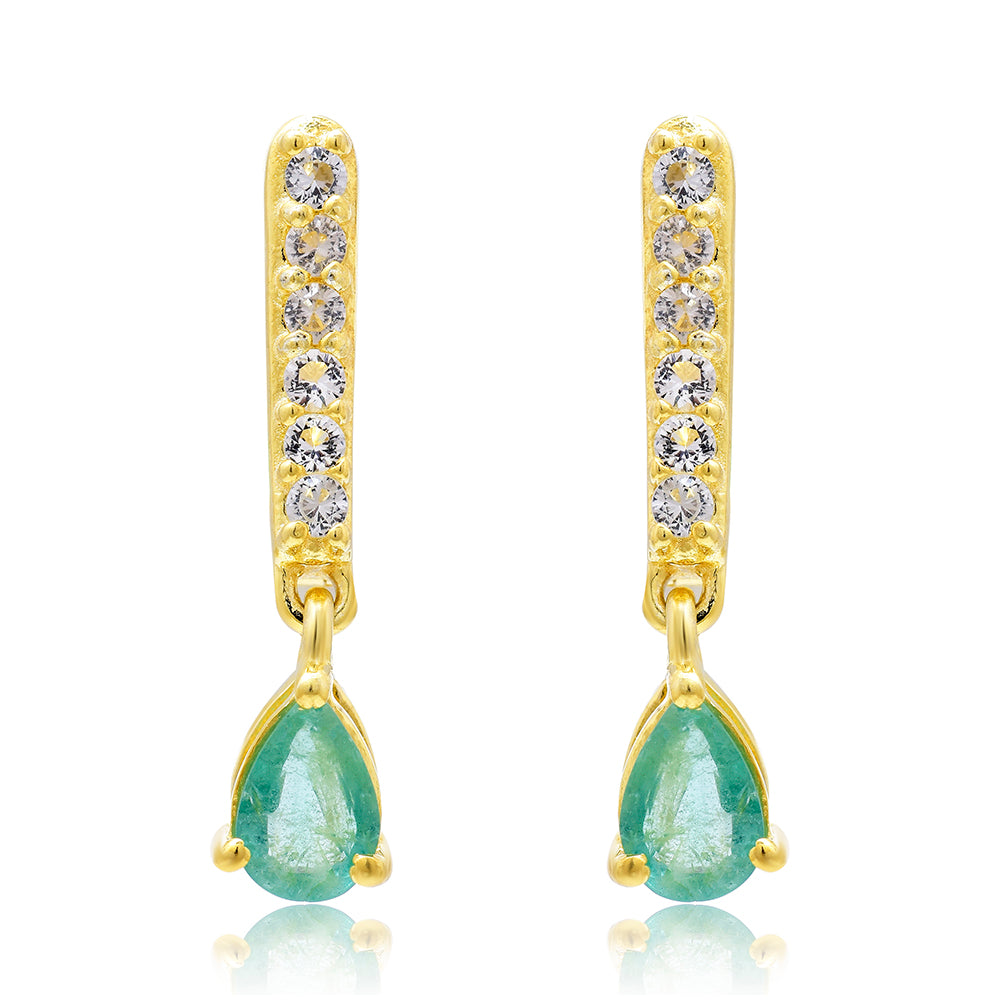 Pendientes de Plata Bañada en Oro con Esmeralda de Brasil y Topacio Blanco