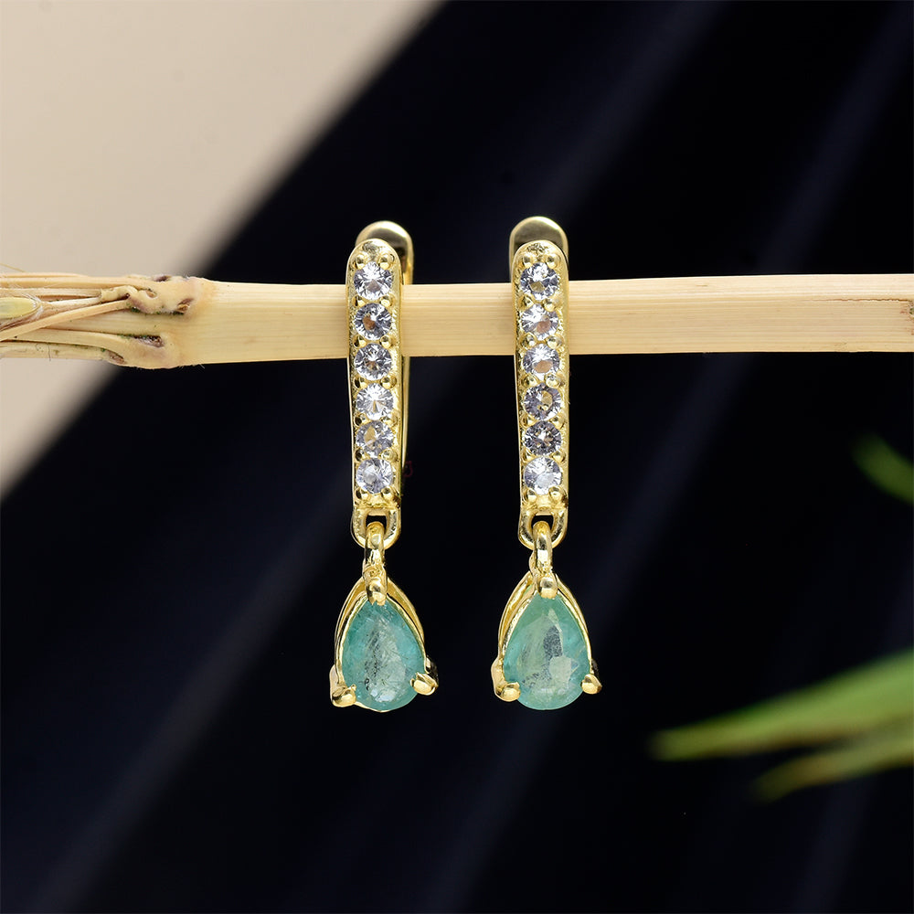 Pendientes de Plata Bañada en Oro con Esmeralda de Brasil y Topacio Blanco 7 