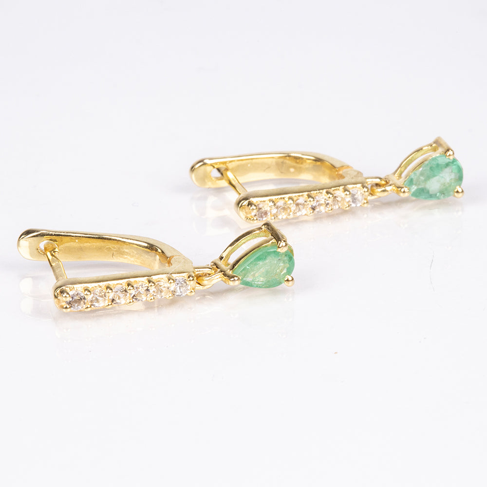 Pendientes de Plata Bañada en Oro con Esmeralda de Brasil y Topacio Blanco 12 