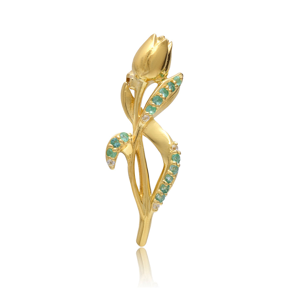Broche de Plata Bañada en Oro con Esmeralda de Brasil y Topacio Blanco 1 