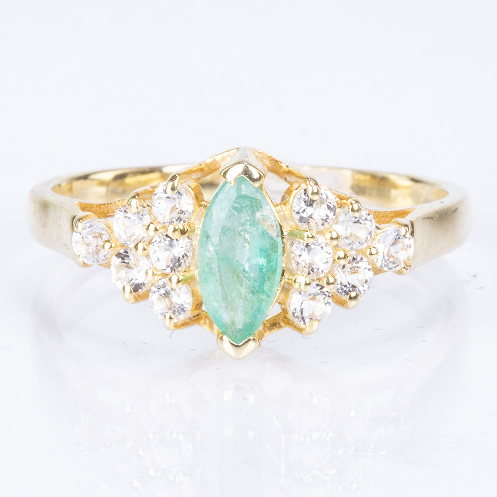 Anillo de Plata Bañada en Oro con Esmeralda de Brasil y Topacio Blanco 6 