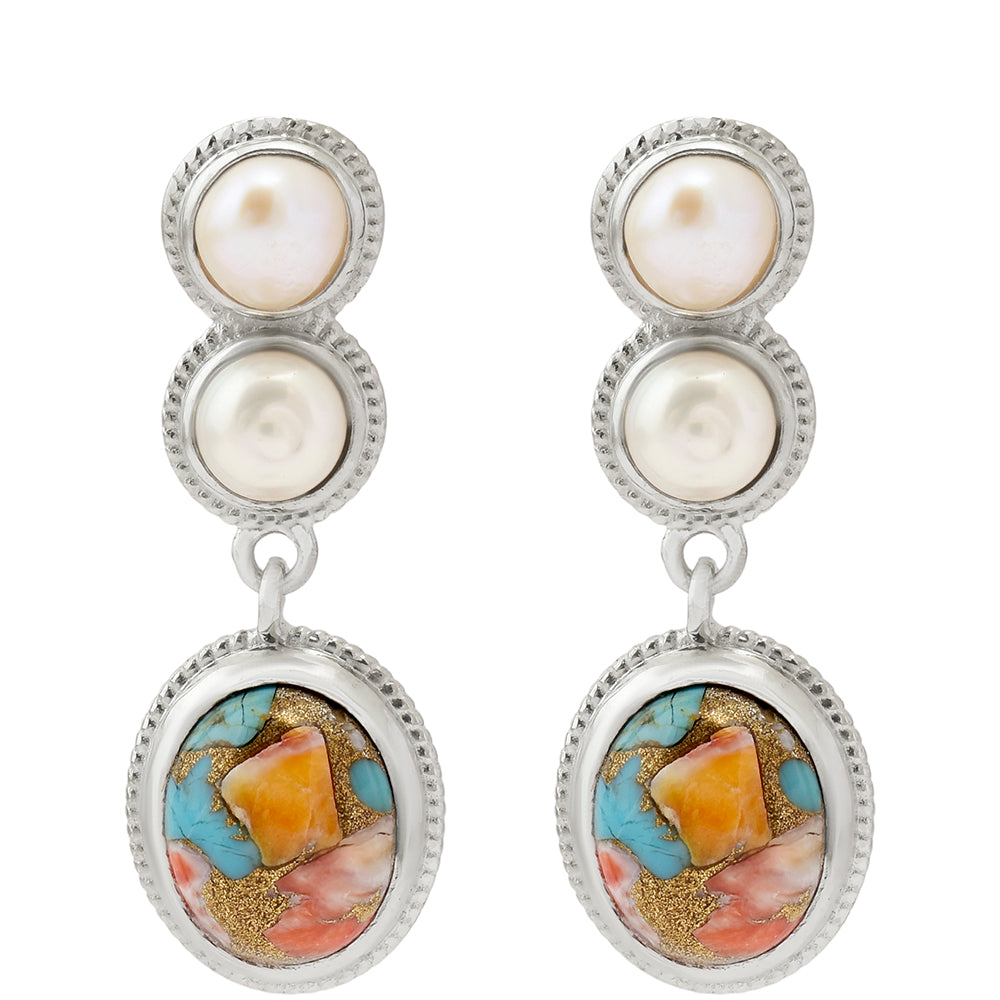 Pendientes de Plata con Turquesa Ostra y Perla blanca de agua dulce