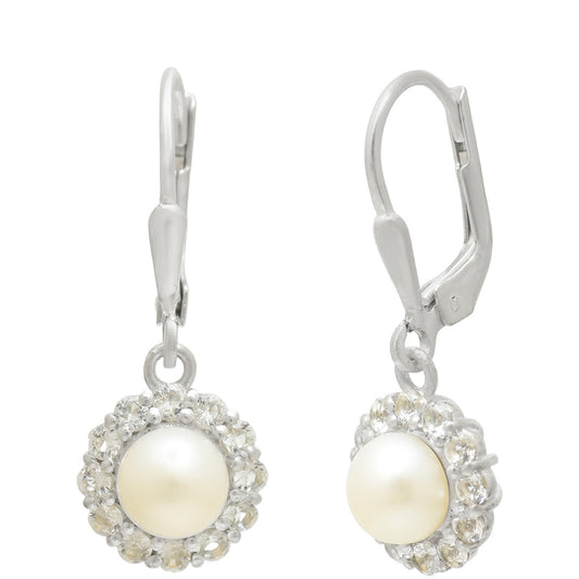 Pendientes de Plata con Perla blanca de agua dulce y Topacio Blanco