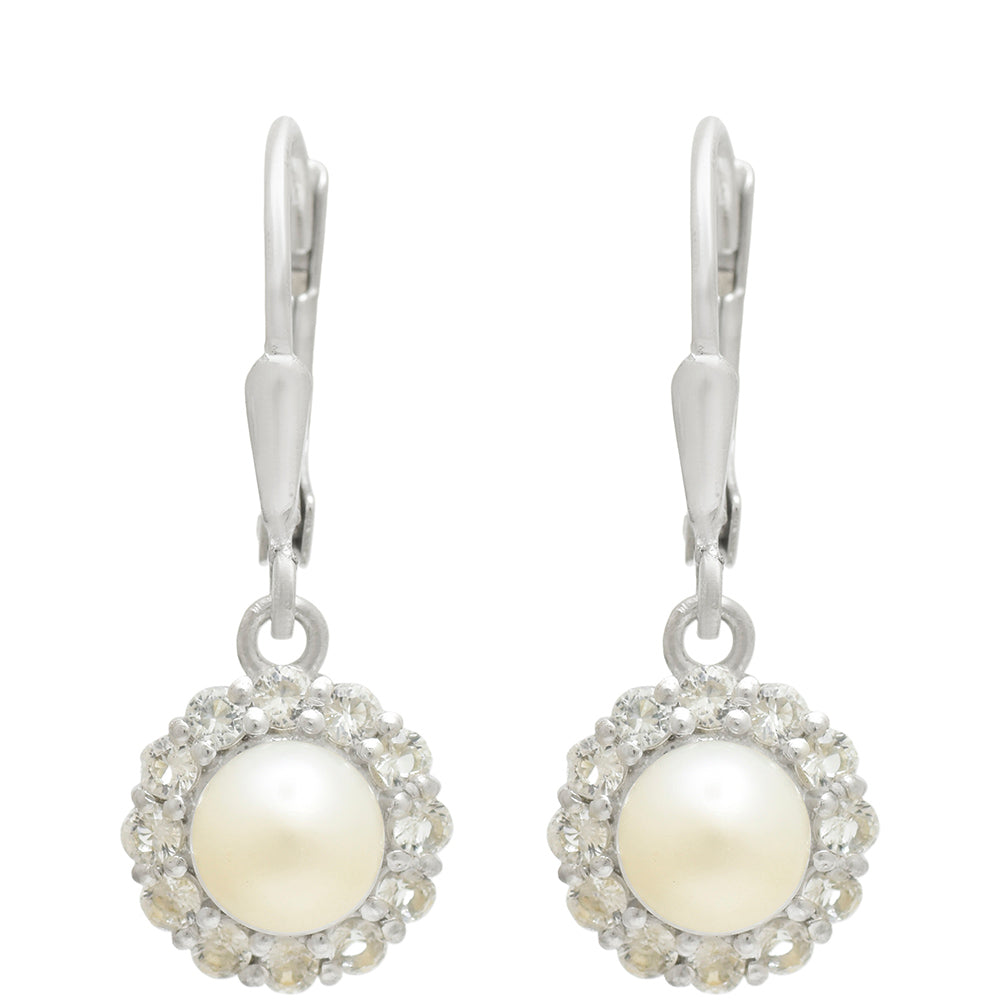 Pendientes de Plata con Perla blanca de agua dulce y Topacio Blanco 1 