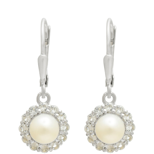 Pendientes de Plata con Perla blanca de agua dulce y Topacio Blanco