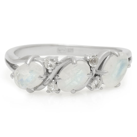 Anillo de Plata con Piedra Lunar Arco Iris y Topacio Blanco