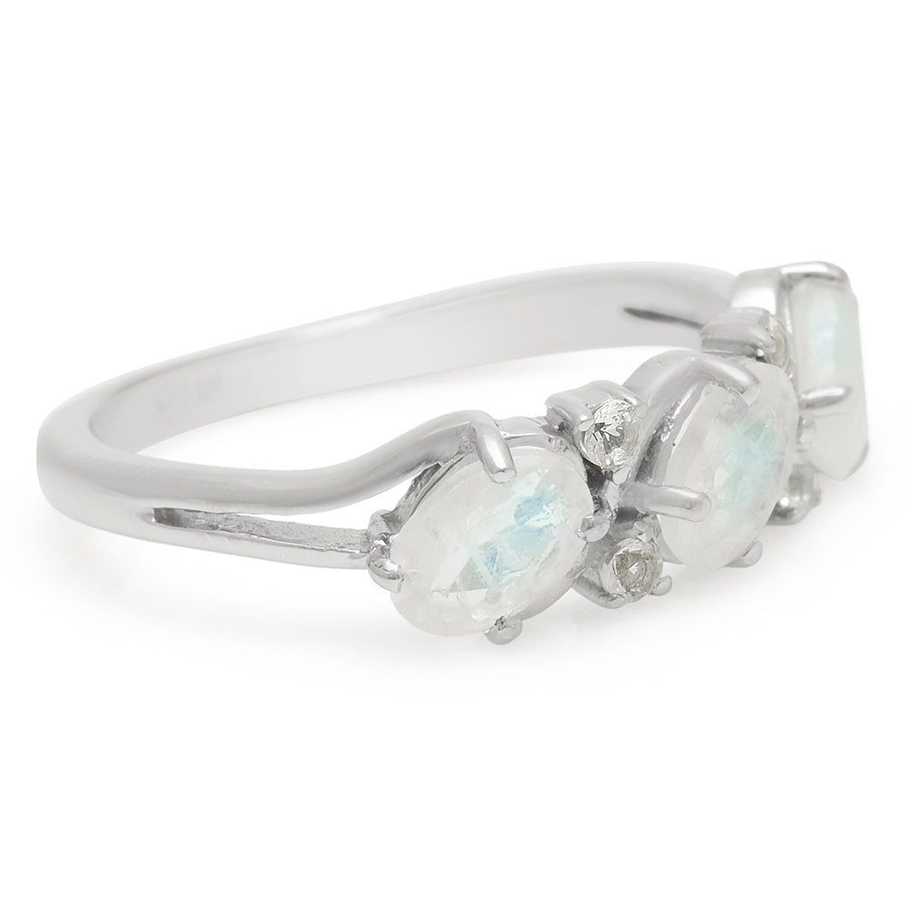 Anillo de Plata con Piedra Lunar Arco Iris y Topacio Blanco