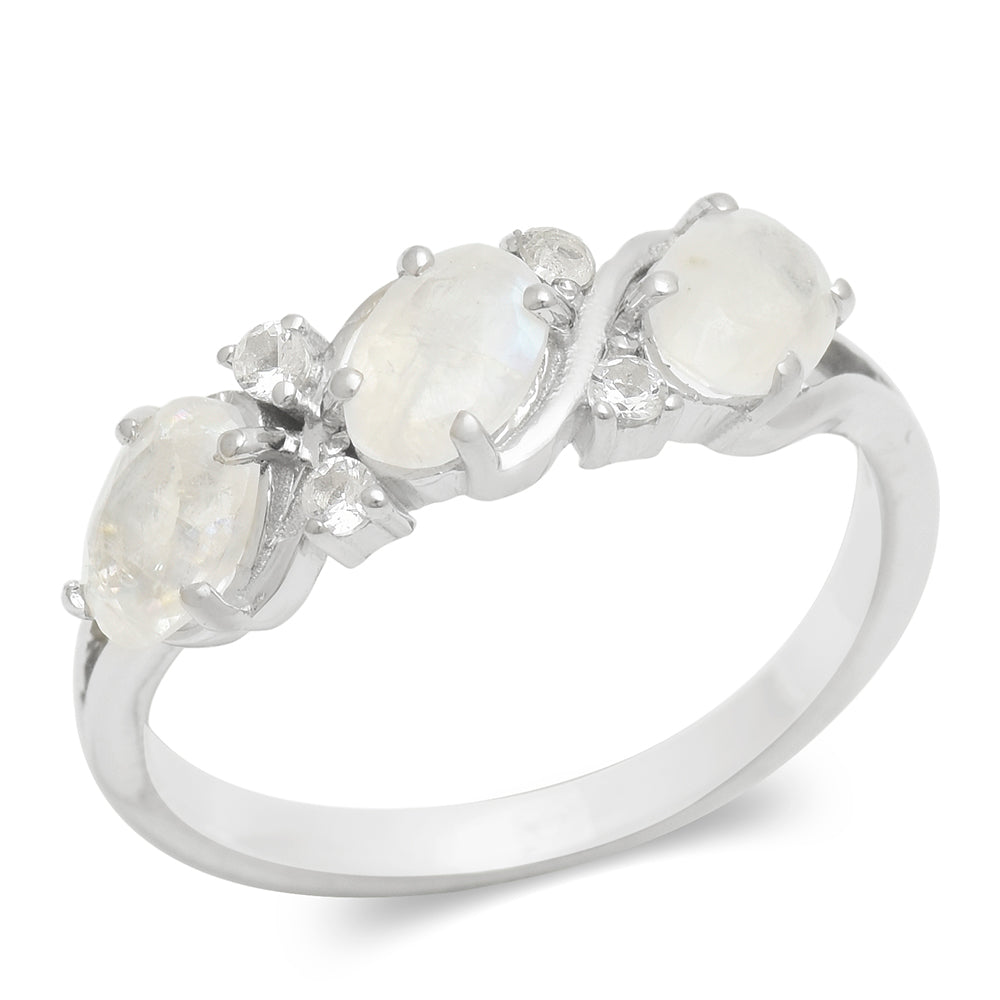 Anillo de Plata con Piedra Lunar Arco Iris y Topacio Blanco 4 