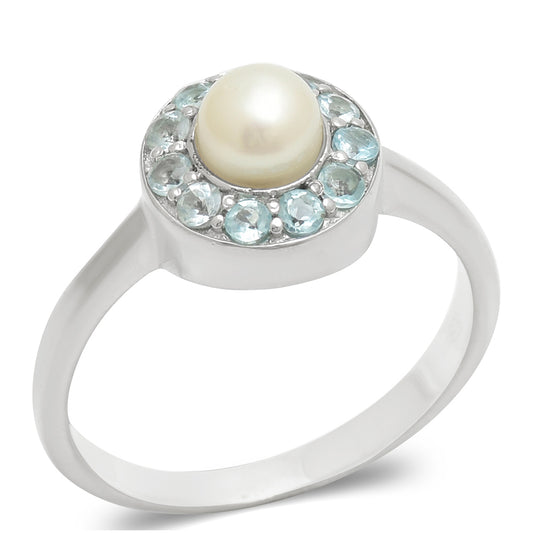 Anillo de Plata con Apatita azul de Madagascar y Perla blanca de agua dulce
