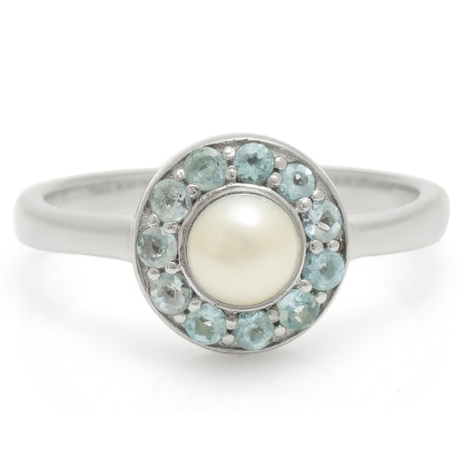 Anillo de Plata con Apatita azul de Madagascar y Perla blanca de agua dulce