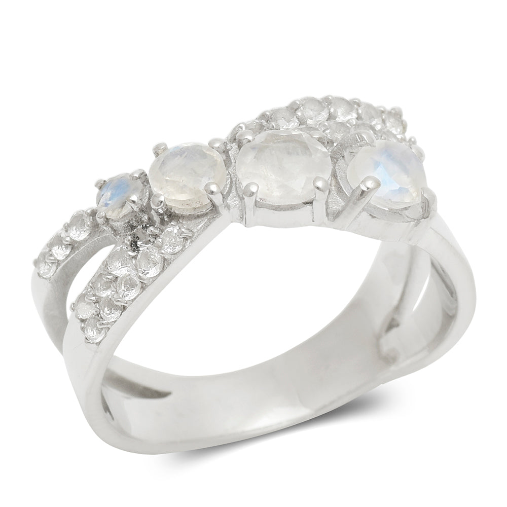 Anillo de Plata con Piedra Lunar Arco Iris y Topacio Blanco 4 
