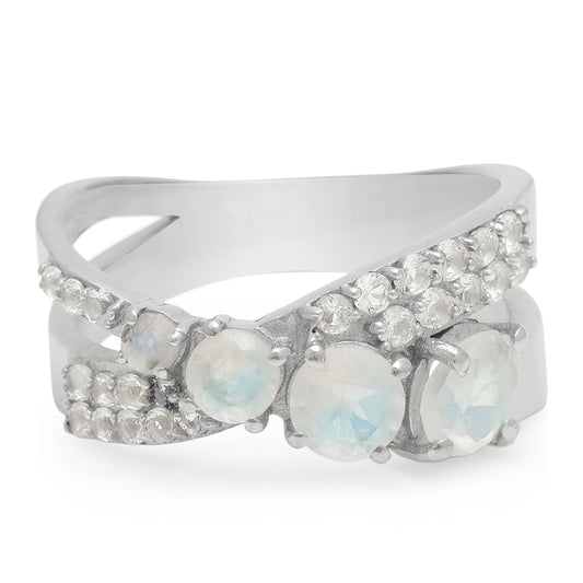 Anillo de Plata con Piedra Lunar Arco Iris y Topacio Blanco