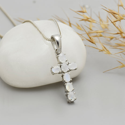 Cruz Colgante de Plata con Piedra Lunar Arco Iris