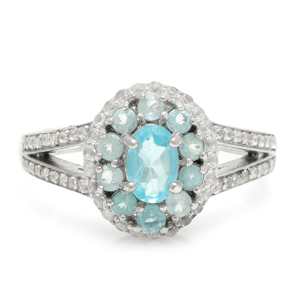 Anillo de Plata con Apatita azul de Madagascar y Topacio Blanco