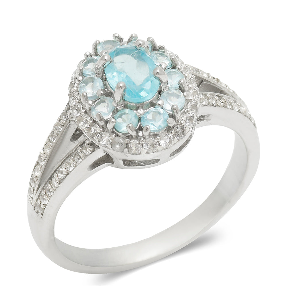 Anillo de Plata con Apatita azul de Madagascar y Topacio Blanco