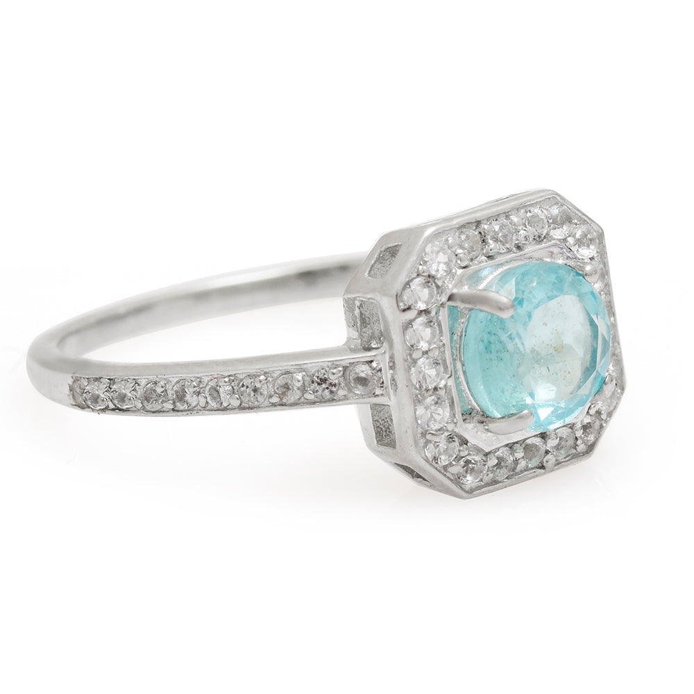 Anillo de Plata con Apatita azul de Madagascar y Topacio Blanco