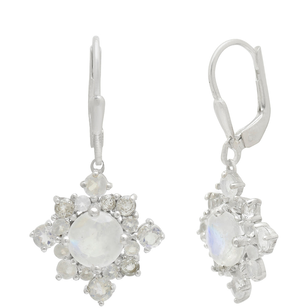 Pendientes de Plata con Piedra Lunar Arco Iris y Topacio Blanco