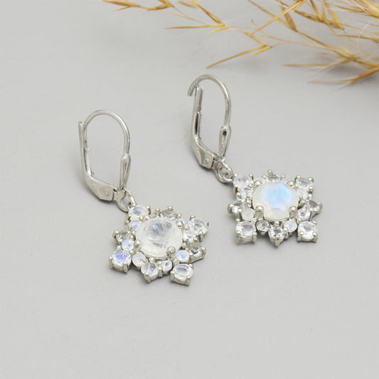 Pendientes de Plata con Piedra Lunar Arco Iris y Topacio Blanco