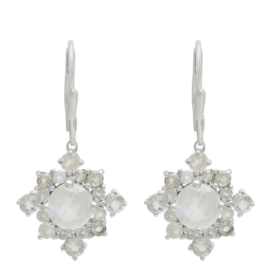 Pendientes de Plata con Piedra Lunar Arco Iris y Topacio Blanco