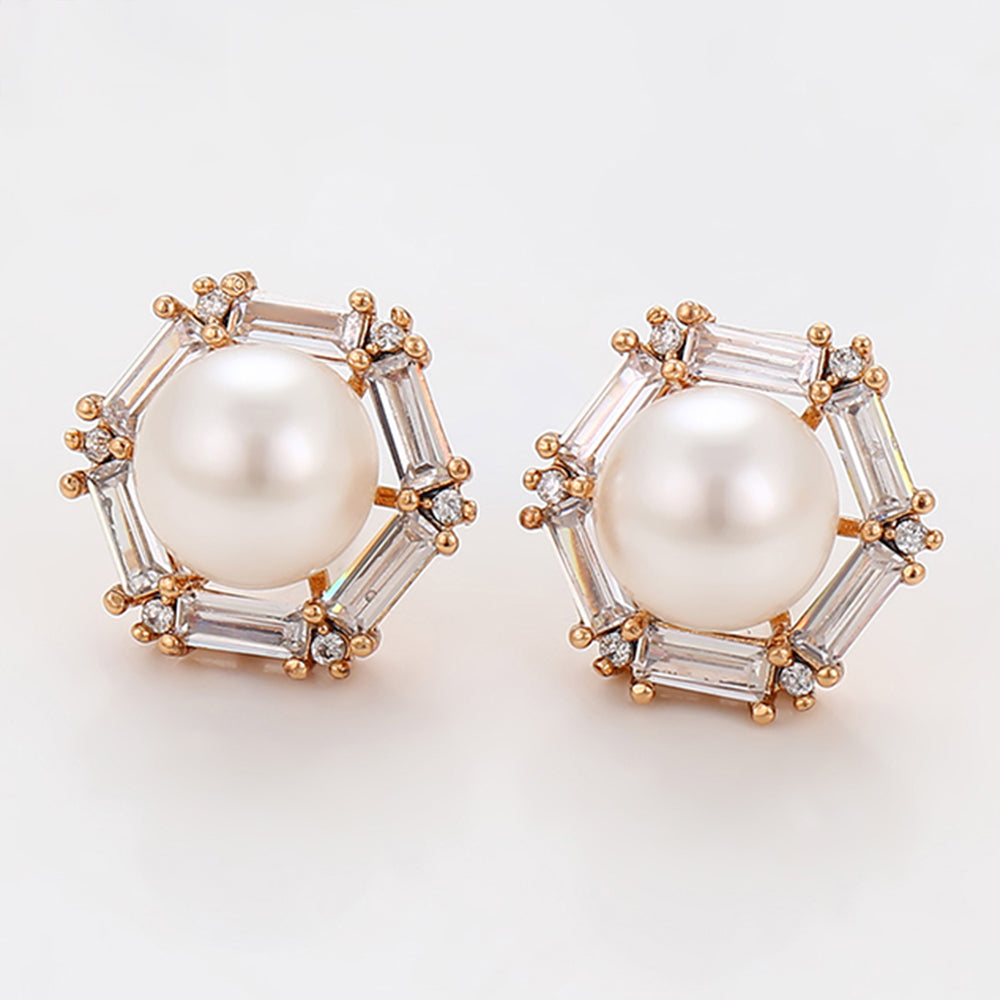 Pendientes de Aleación Bañado en Oro con Perla de cristal y Cristal Emporia® Blanco 3 