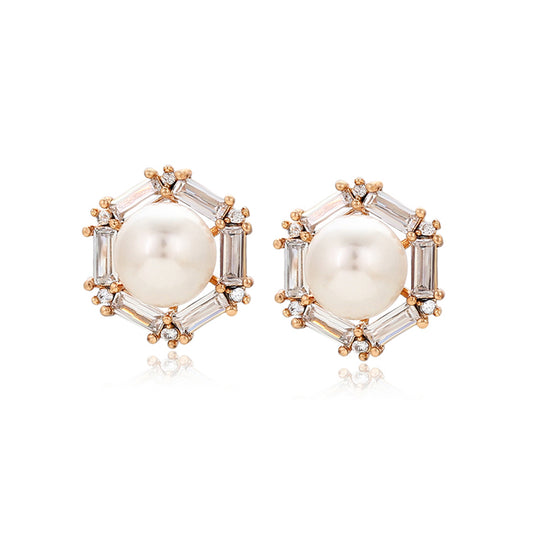 Pendientes de Aleación Bañado en Oro con Perla de cristal y Cristal Emporia® Blanco
