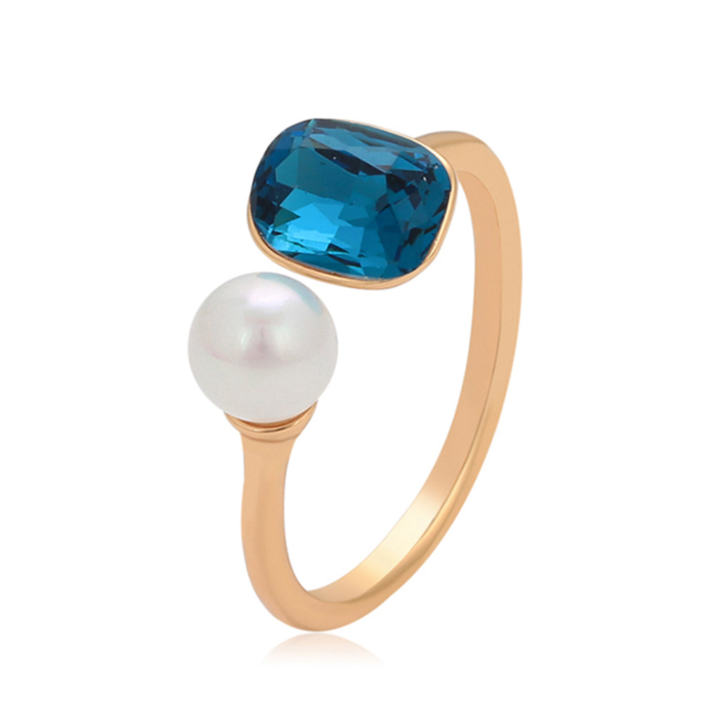 Anillo de Aleación Bañado en Oro con Perla de cristal y Cristal Emporia® Azul 1 