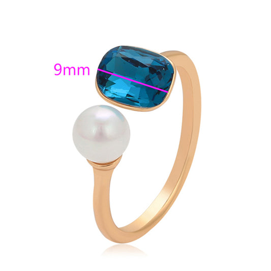 Anillo de Aleación Bañado en Oro con Perla de cristal y Cristal Emporia® Azul